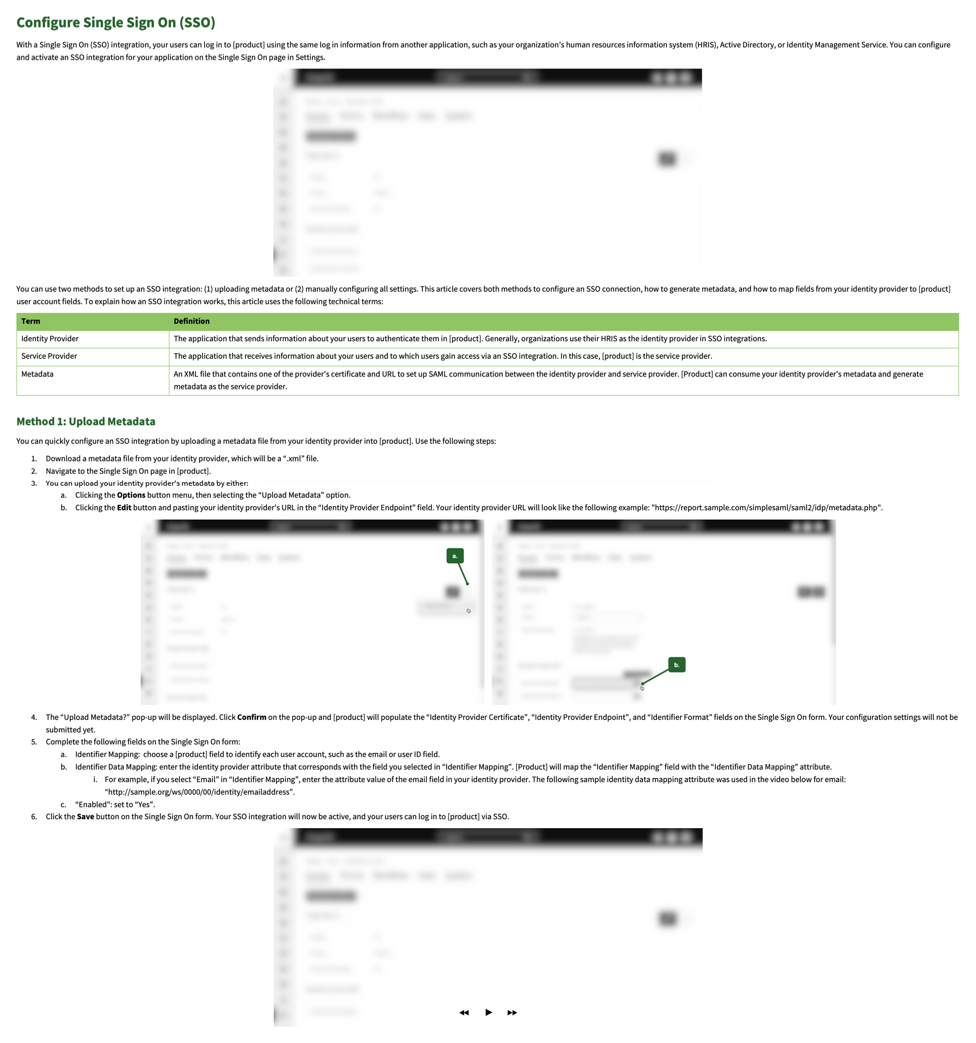 Knowledge base article titled Configure Single Sign On (SSO).