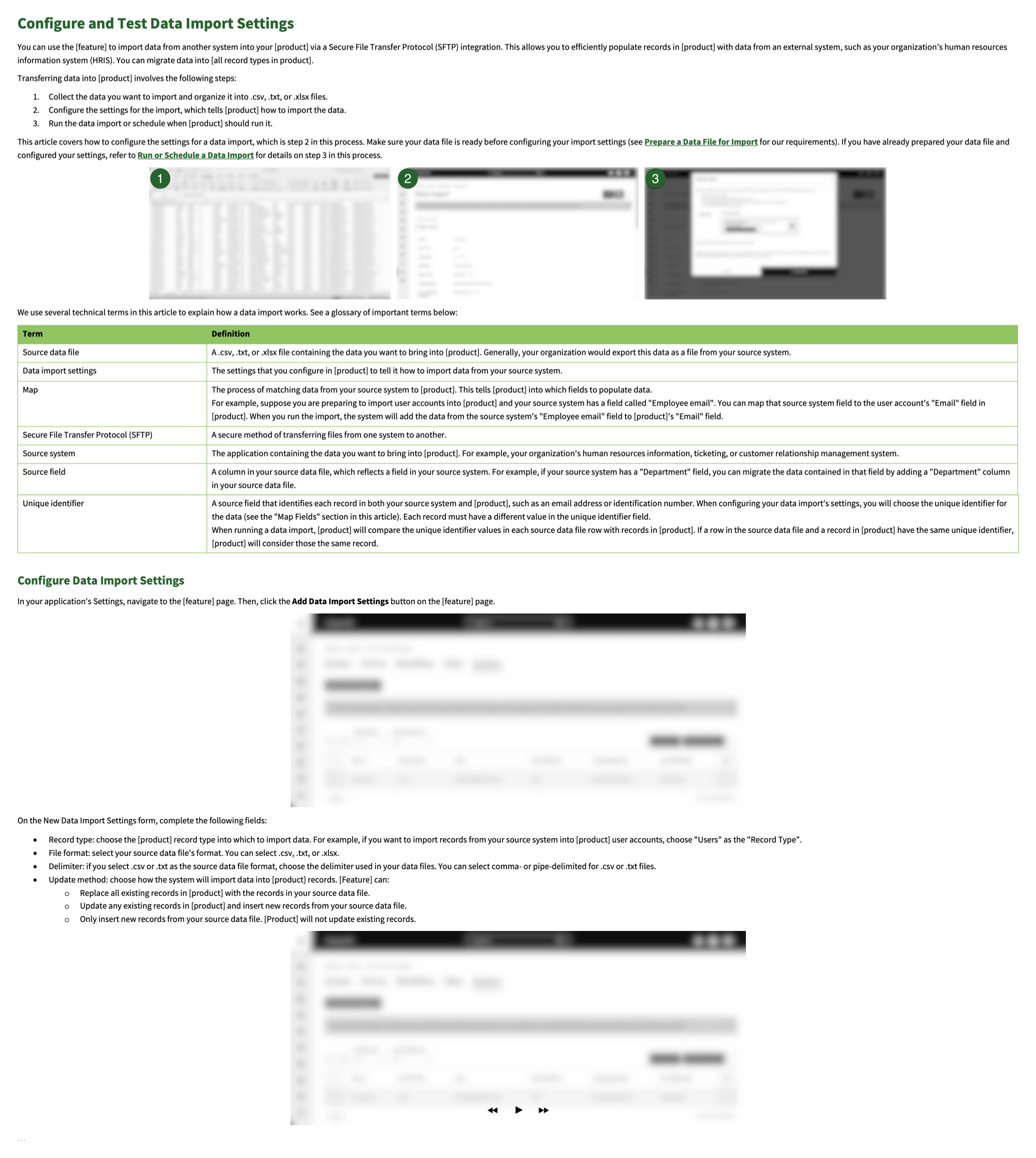 Knowledge base article titled Configure and Test Data Import Settings.