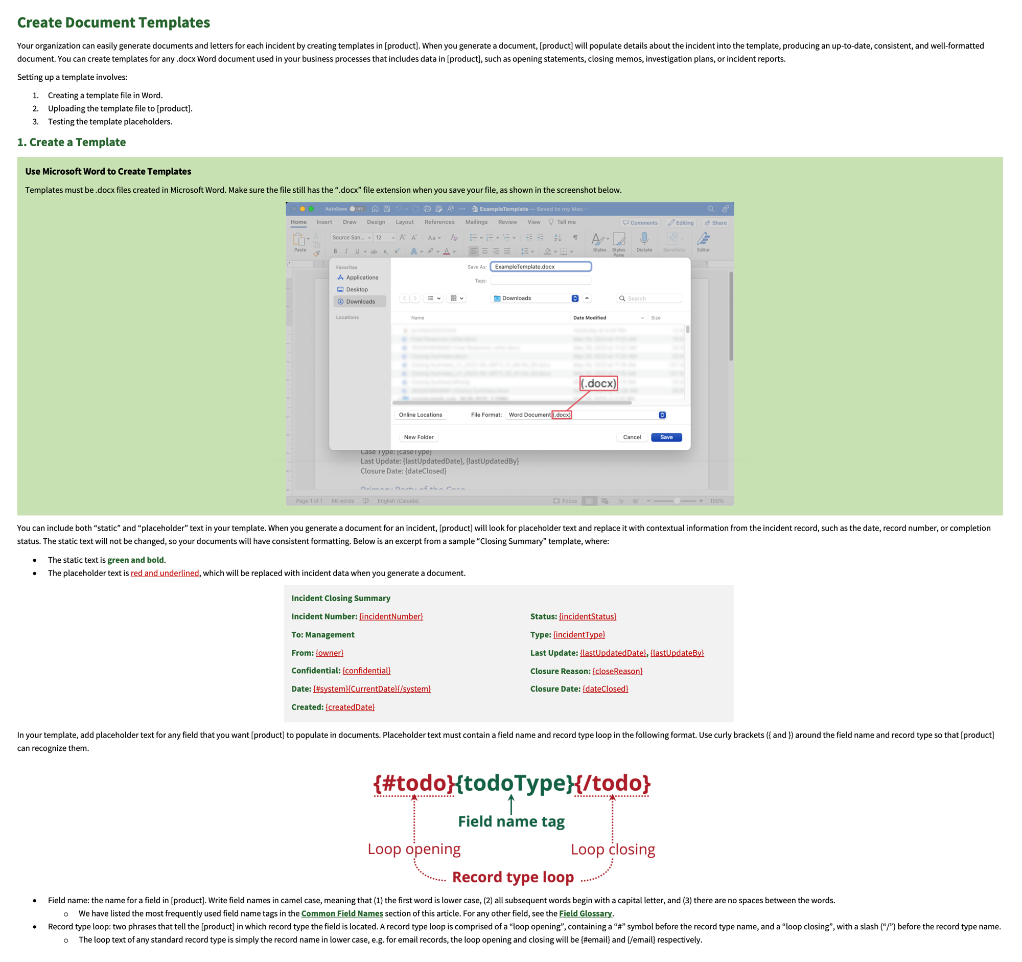 Knowledge base article titled Create Document Templates.