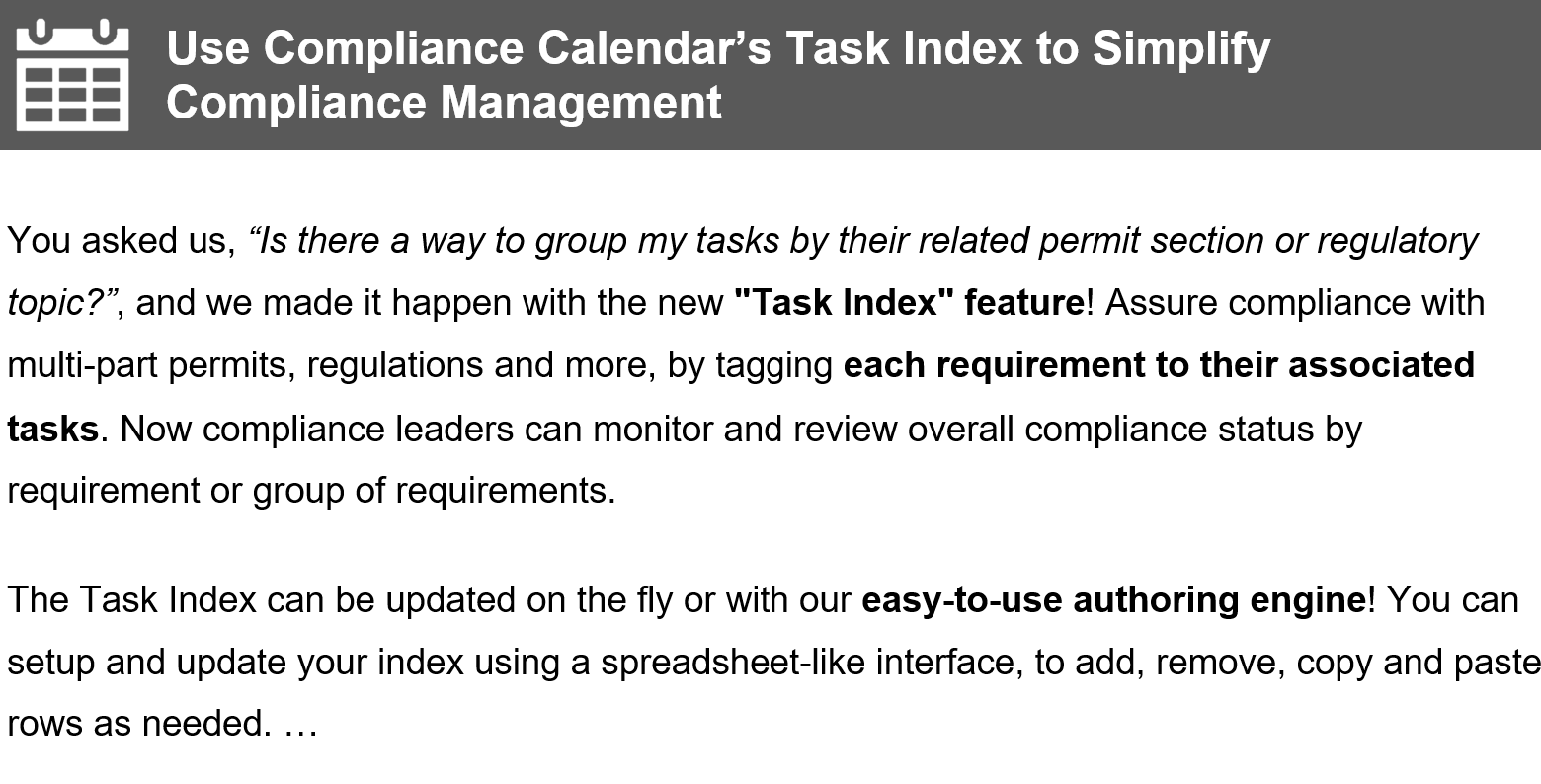 Newsletter article titled Use Compliance Calendar's Task Index to Simply Compliance Management.