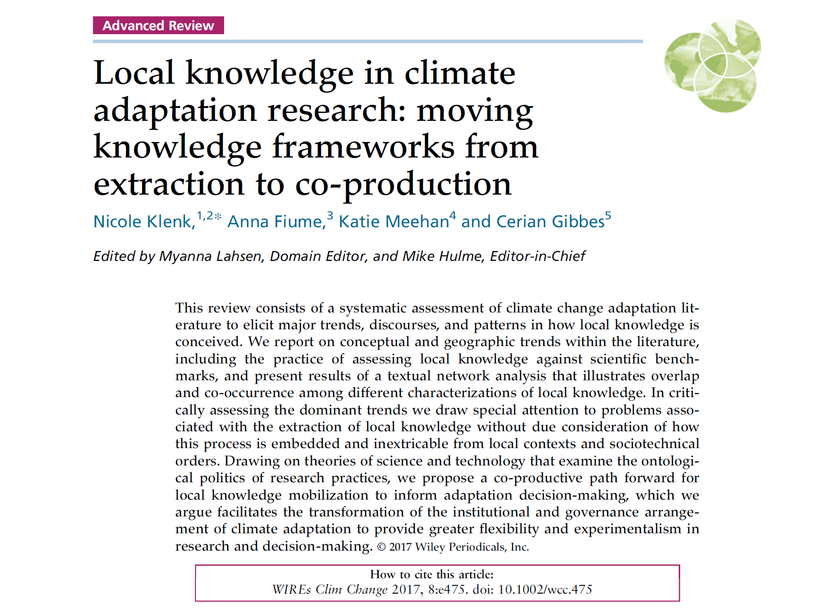 Academic paper abstract titled Local knowledge in climate adaptation research: moving knowledge frameworks from extraction to co-production.